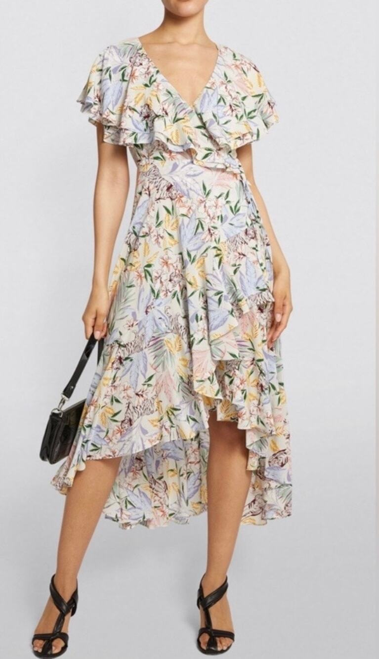 Maje Ritelle Floral Midi Wrap Dress Size 36 S 100% viscose White Purple Green